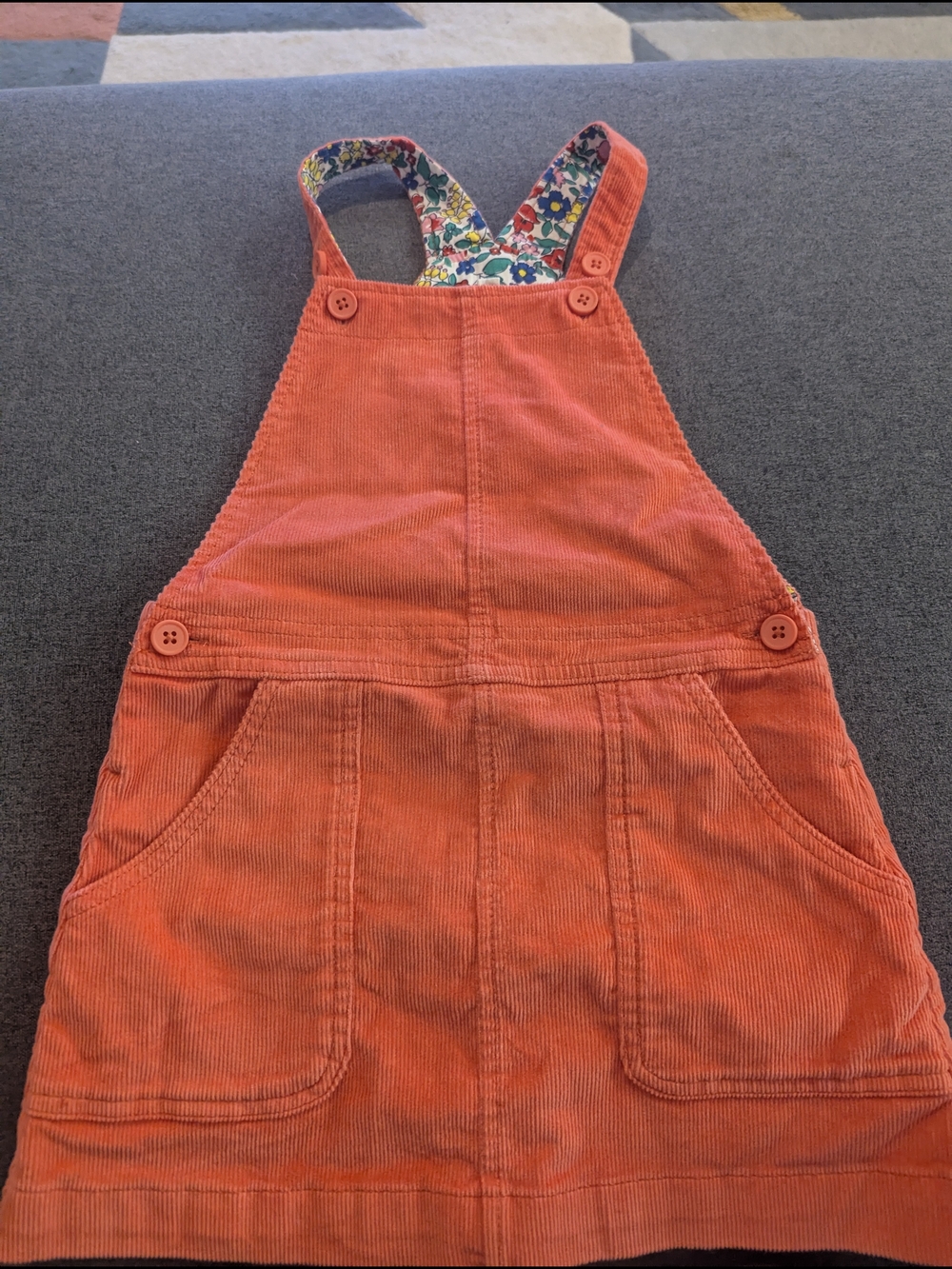 Mini Boden Orange Corduroy Pinafore with Floral-Strap Detail